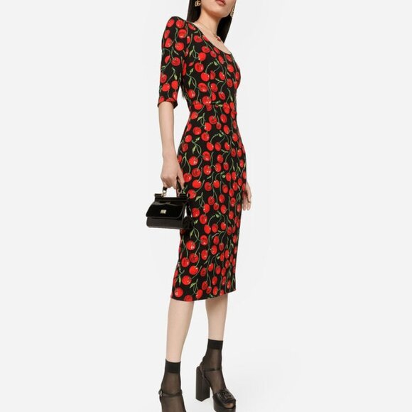 Dolce & Gabbana Cherry-print charmeuse calf-length dress NWT - Picture 5 of 11
